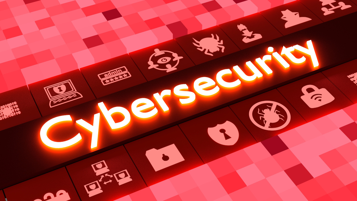 Illustration of glowing neon word 'security' with related icons on red background. Cyber and information security concept.