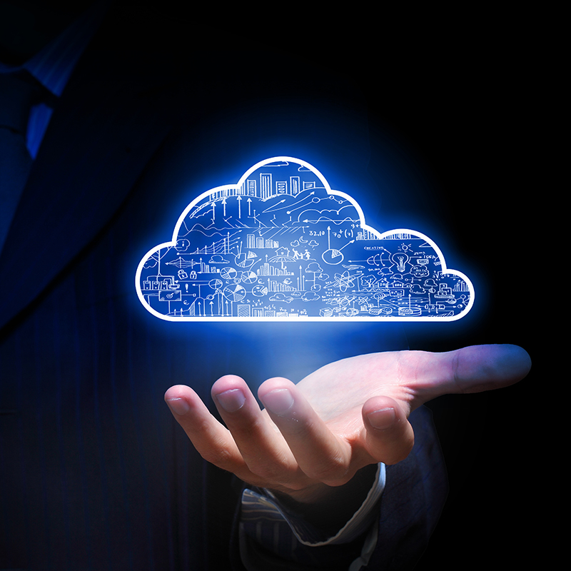 Background of a man in a suit with a digital cloud image hovering over his hand